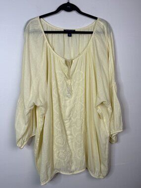 Bandolino Women's Pale Yellow Sheer Embroidered Boho Popover Blouse Size 3X